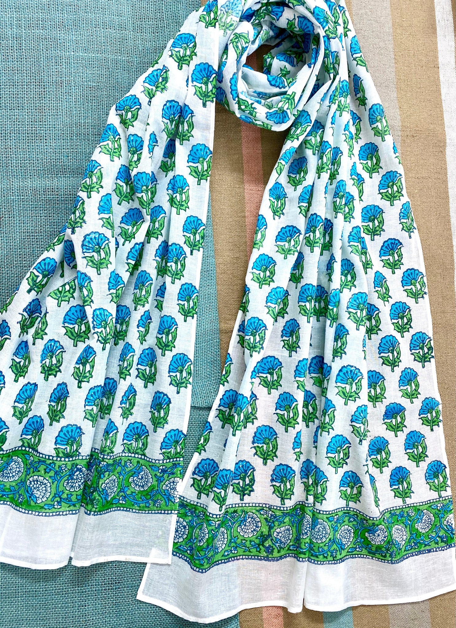 Blue Green mulmul stole /Scarf - Incense Art Studio