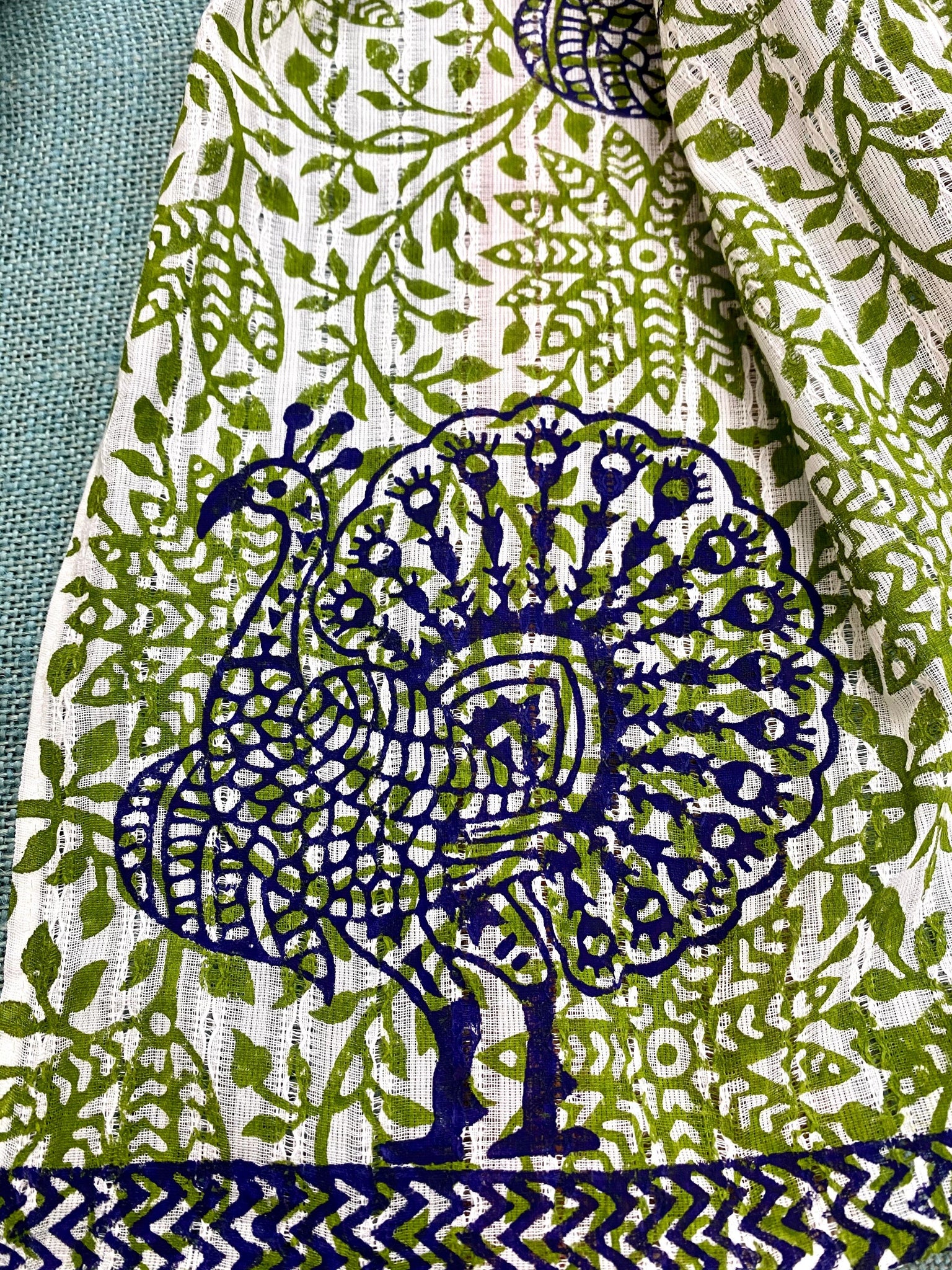 Blue Peacock Dance Block Printed on Cotton Scarf - Incense Art Studio