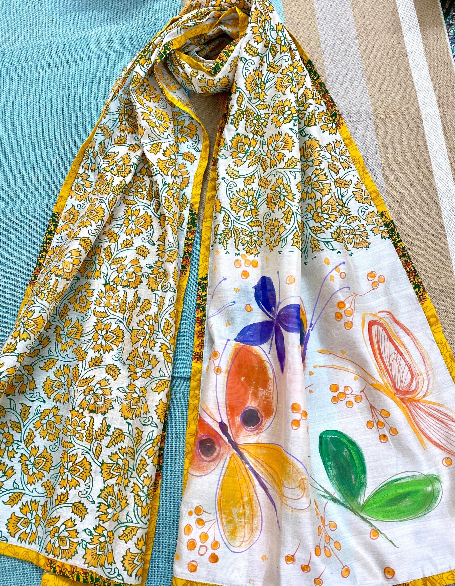 Butterflies & Beautiful cadmium flowers hand- painted on Silk cotton Stole/ Scarf - Incense Art Studio