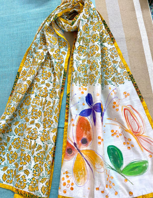 Butterflies & Beautiful cadmium flowers hand- painted on Silk cotton Stole/ Scarf - Incense Art Studio