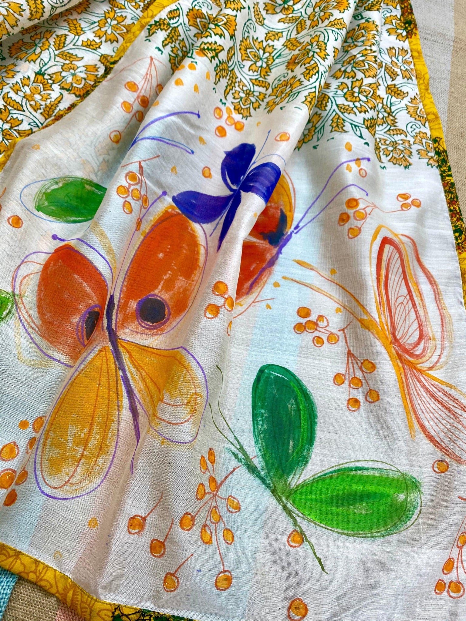 Butterflies & Beautiful cadmium flowers hand- painted on Silk cotton Stole/ Scarf - Incense Art Studio