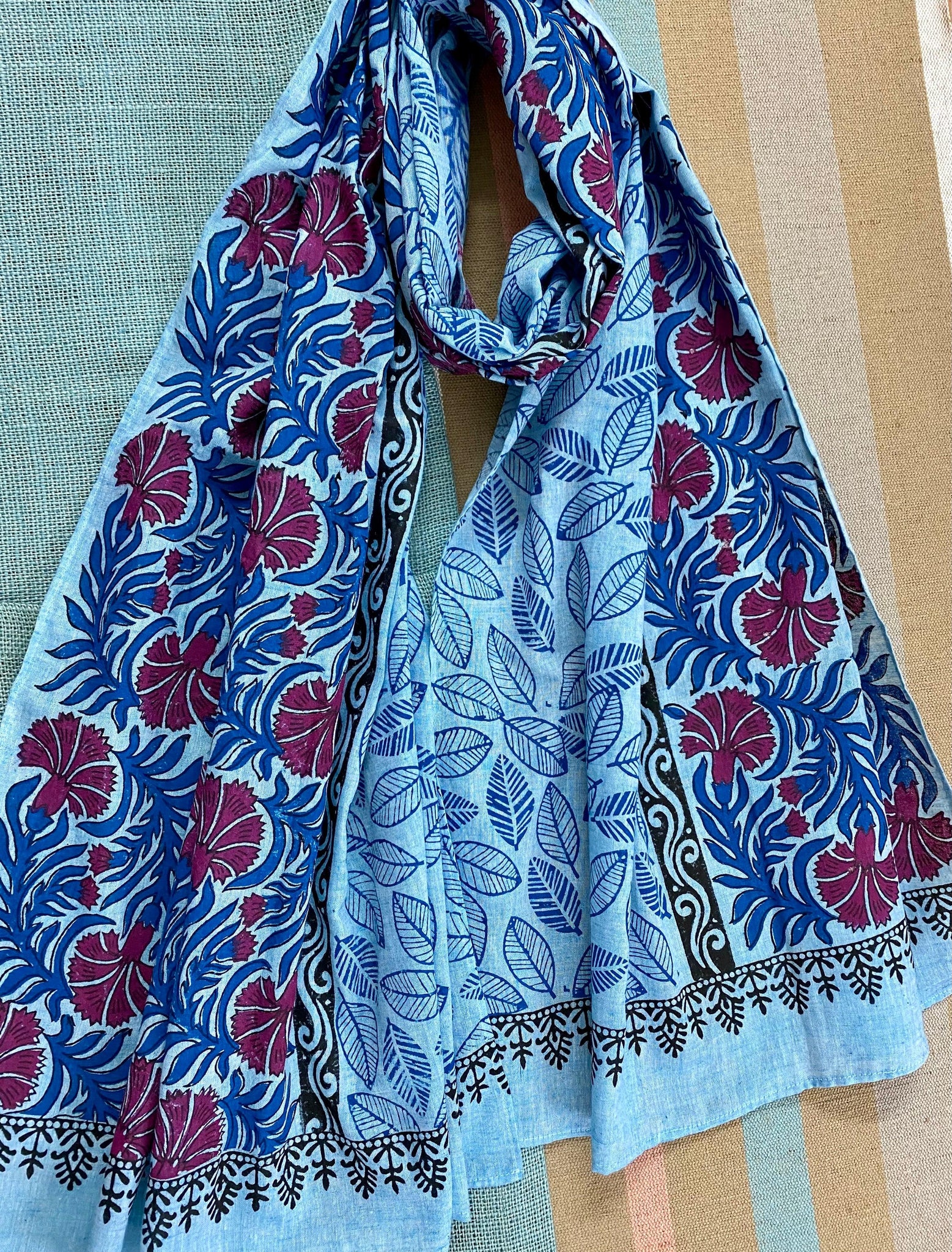 Classy Carnations Block Printed on Fine Cotton Scarf - Incense Art Studio