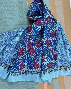 Classy Carnations Block Printed on Fine Cotton Scarf - Incense Art Studio