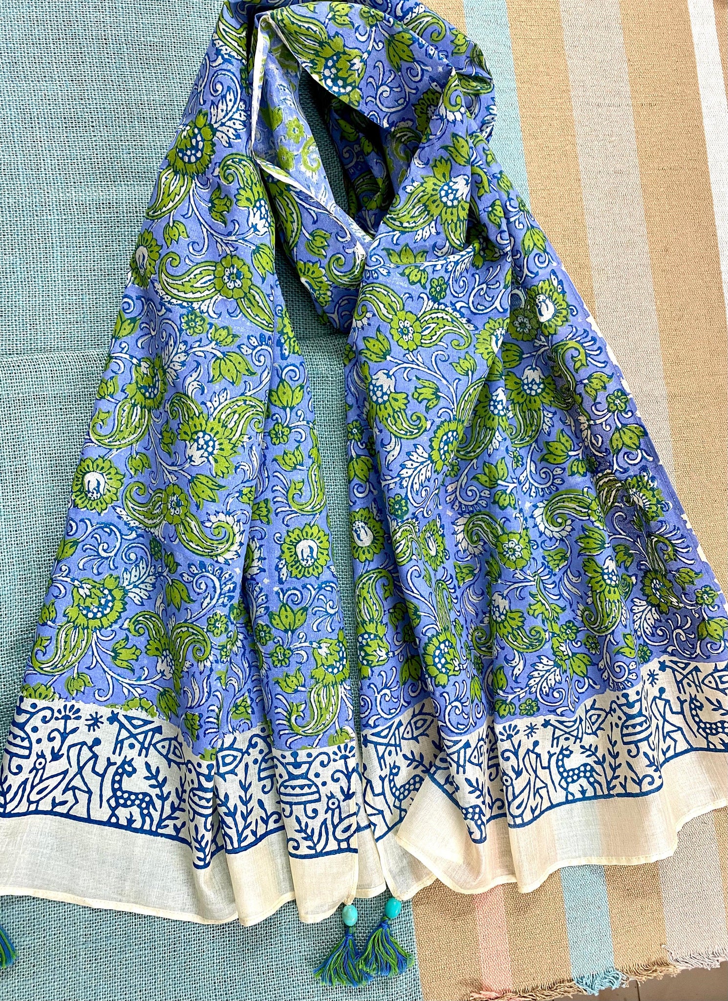 Cornflour Blue Block Printed Tussar Silk Scarf - Incense Art Studio