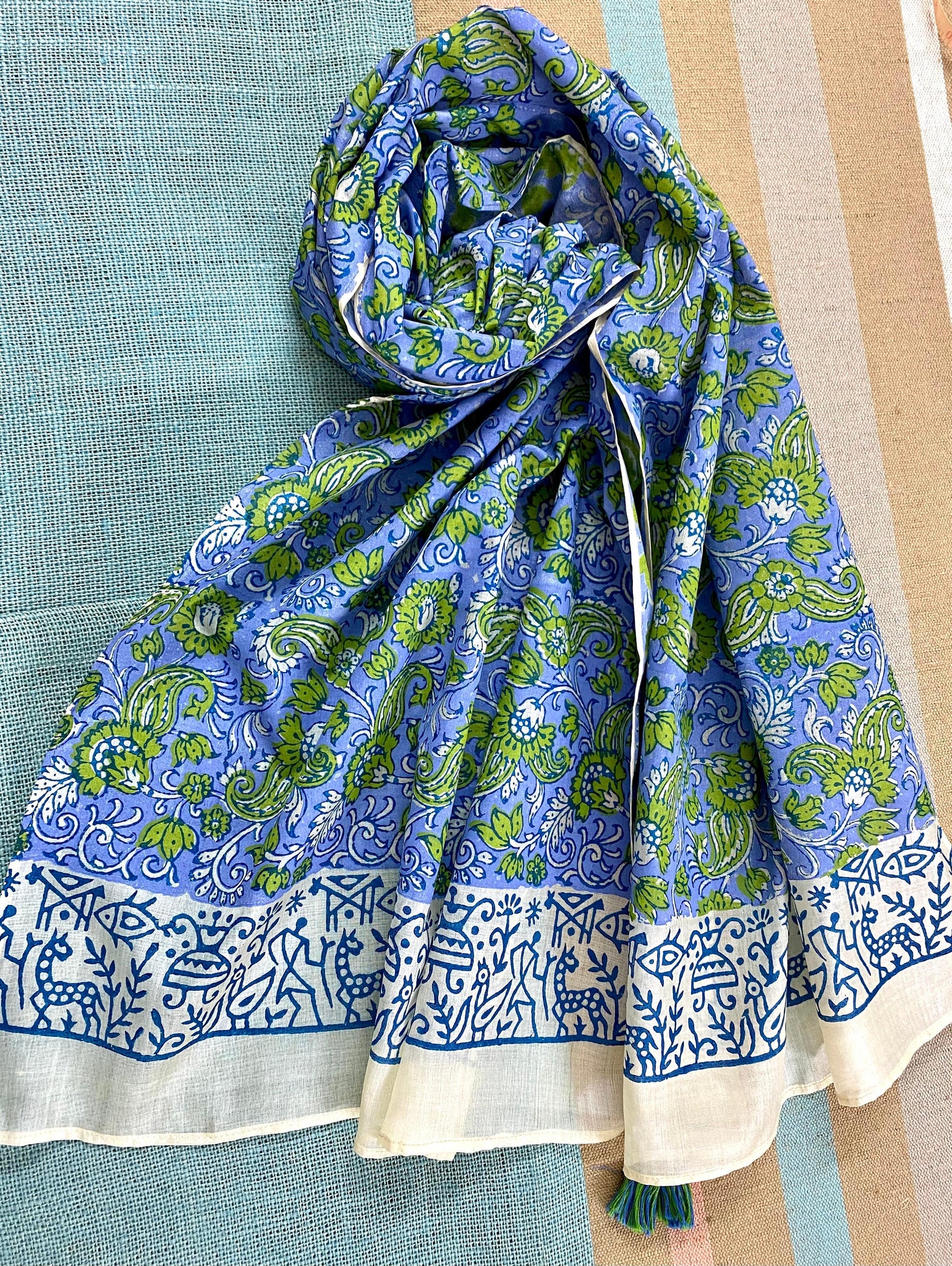 Cornflour Blue Block Printed Tussar Silk Scarf - Incense Art Studio