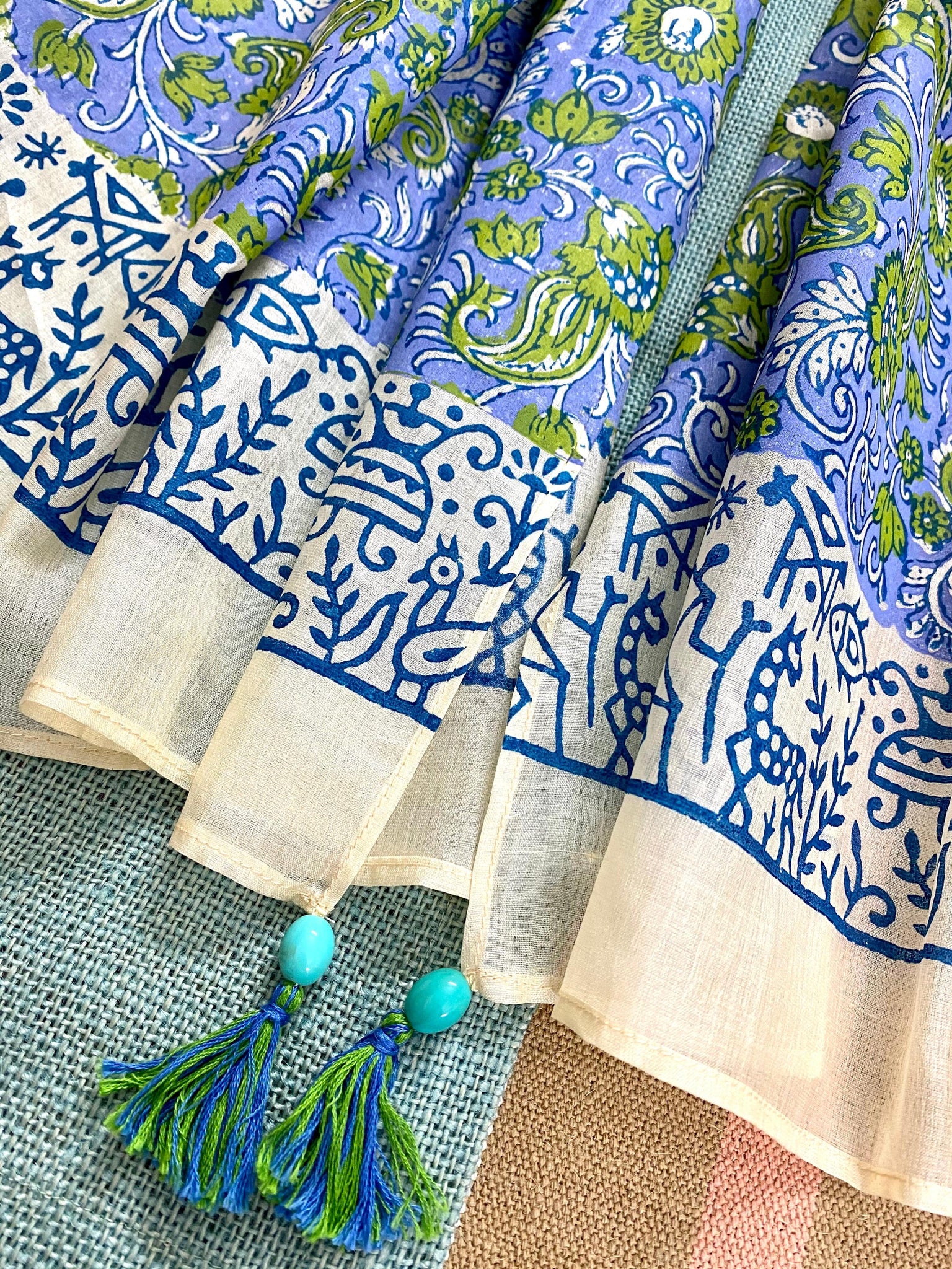 Cornflour Blue Block Printed Tussar Silk Scarf - Incense Art Studio