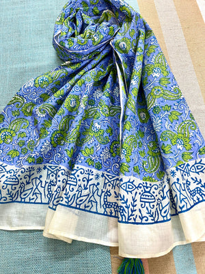 Cornflour Blue Block Printed Tussar Silk Scarf - Incense Art Studio