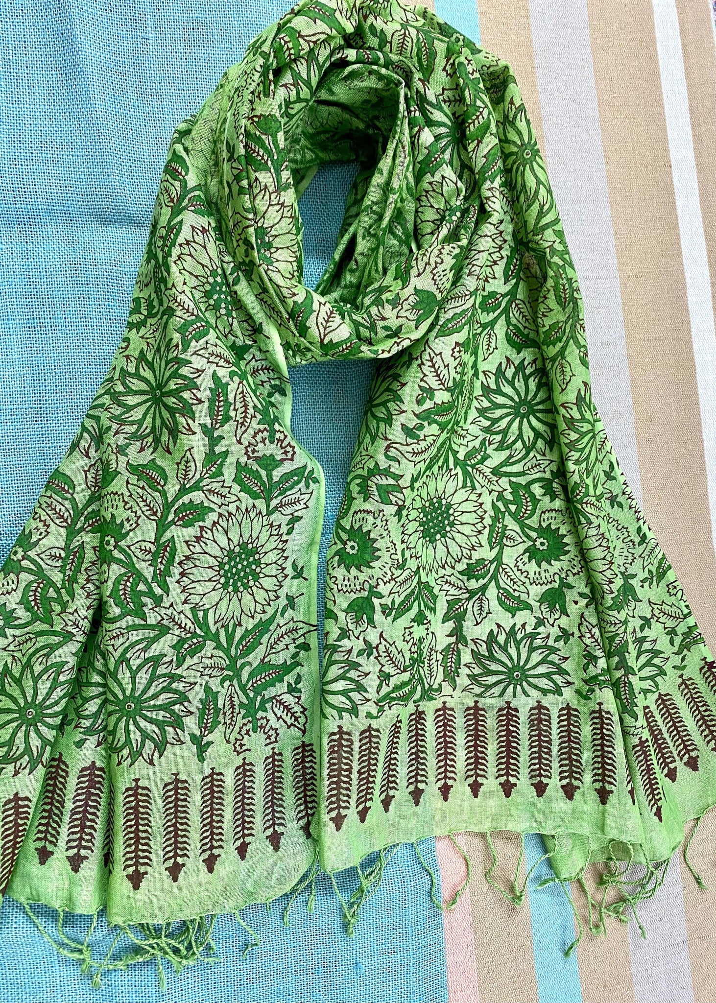 Emerald Elegance Block Printed Pure Linen Scarf - Incense Art Studio