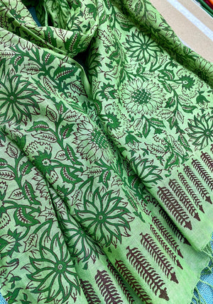 Emerald Elegance Block Printed Pure Linen Scarf - Incense Art Studio