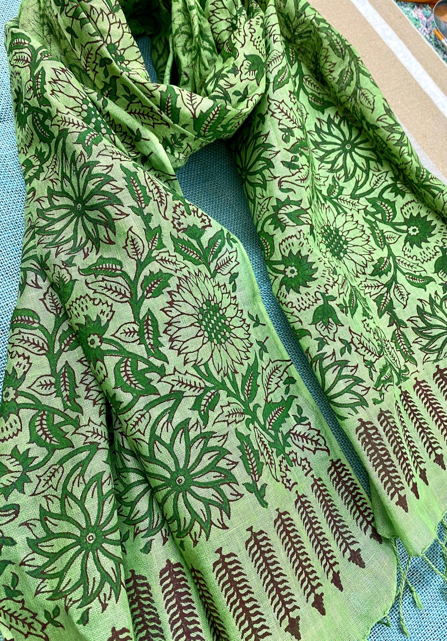 Emerald Elegance Block Printed Pure Linen Scarf - Incense Art Studio