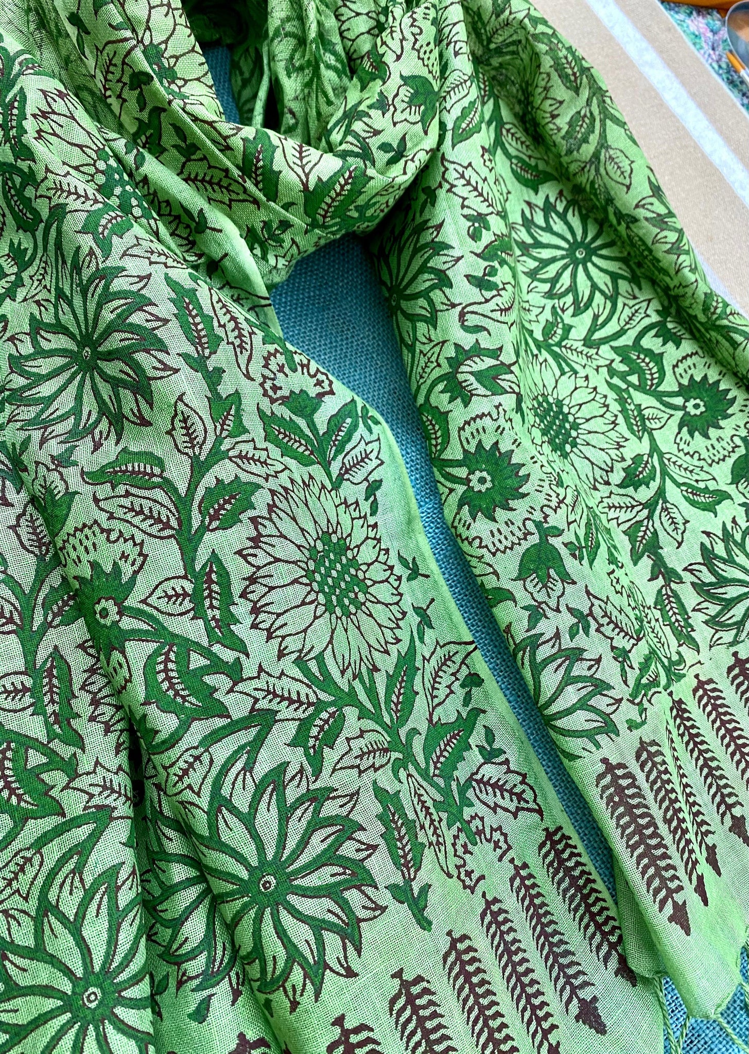 Emerald Elegance Block Printed Pure Linen Scarf - Incense Art Studio