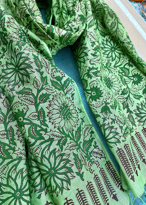 Emerald Elegance Block Printed Pure Linen Scarf - Incense Art Studio