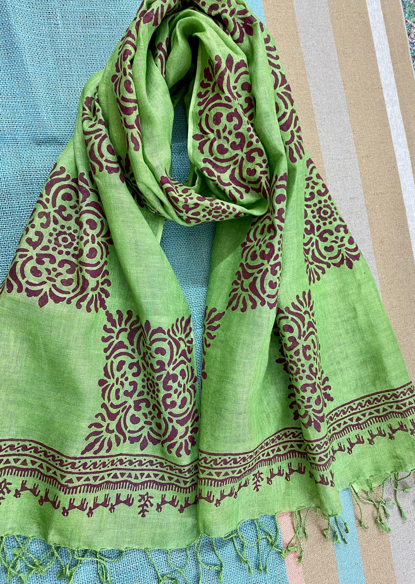 Forest Green Block Printed Pure Linen Scarf - Incense Art Studio