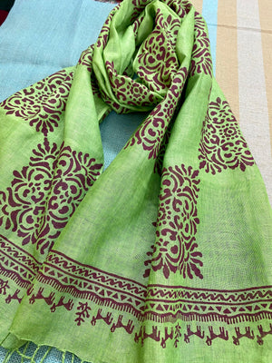 Forest Green Block Printed Pure Linen Scarf - Incense Art Studio