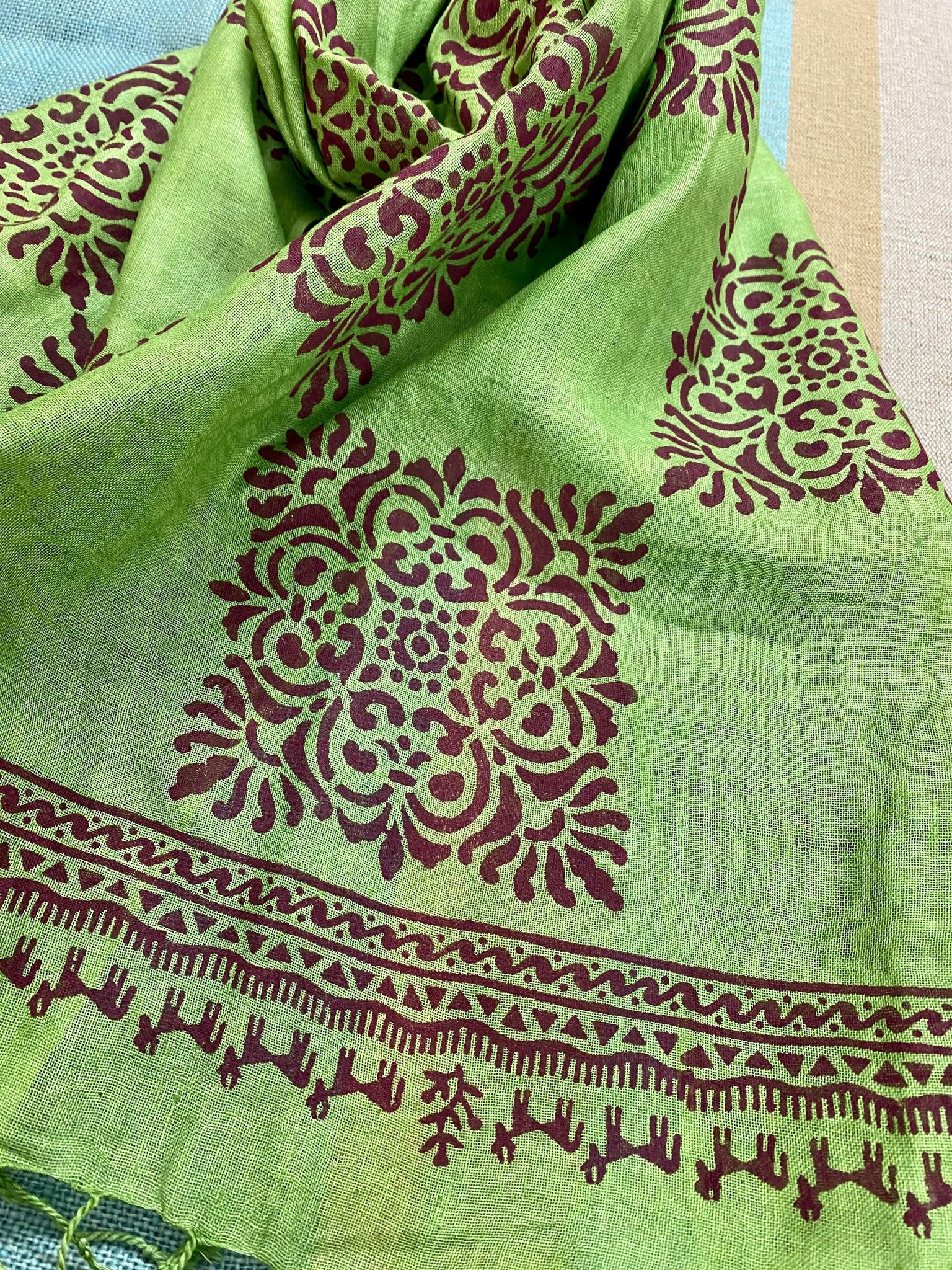 Forest Green Block Printed Pure Linen Scarf - Incense Art Studio