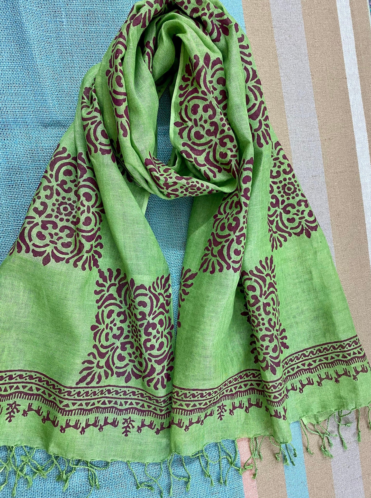 Forest Green Block Printed Pure Linen Scarf - Incense Art Studio