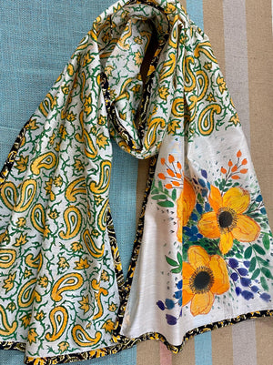 Golden yellow flowers on Silk cotton hand-painted Scarf/ stole - Incense Art Studio