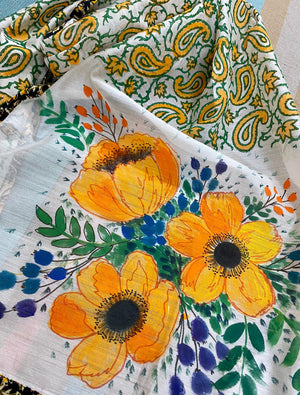 Golden yellow flowers on Silk cotton hand-painted Scarf/ stole - Incense Art Studio