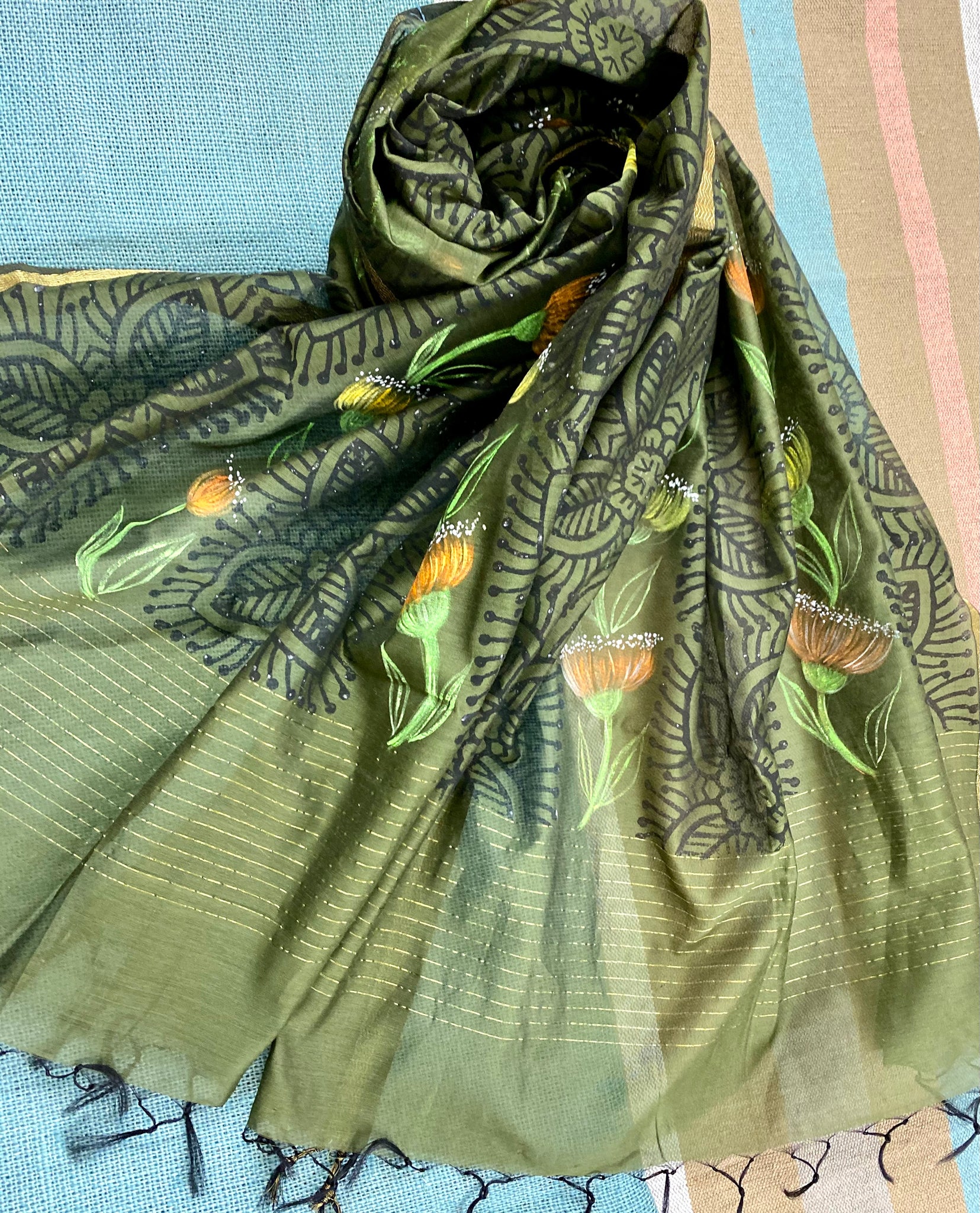 Olive green Hand Painted Silk Cotton Scarf