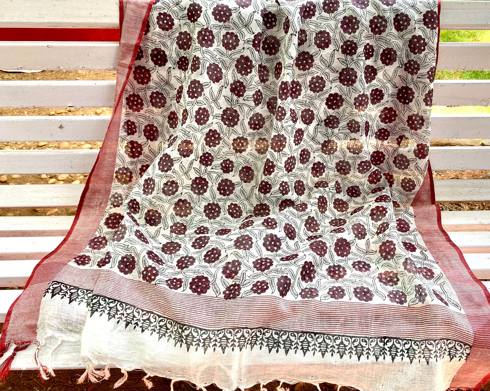 Maroon flowers Pure Linen Dupatta Scarf