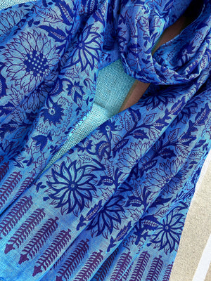 Indigo Elegance Block Printed Pure Linen Scarf - Incense Art Studio