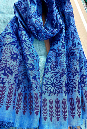 Indigo Elegance Block Printed Pure Linen Scarf - Incense Art Studio