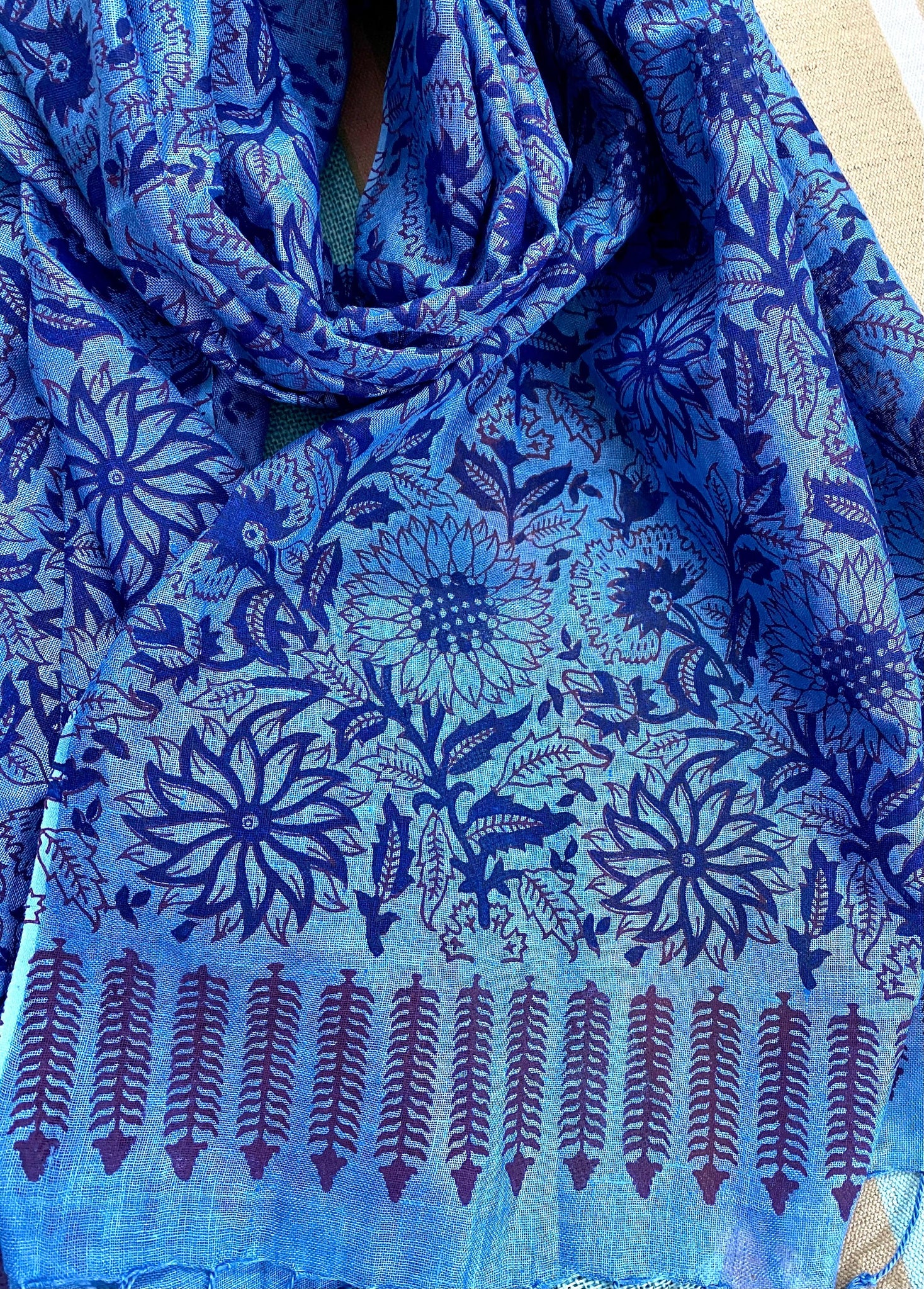 Indigo Elegance Block Printed Pure Linen Scarf - Incense Art Studio