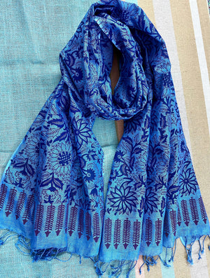 Indigo Elegance Block Printed Pure Linen Scarf - Incense Art Studio