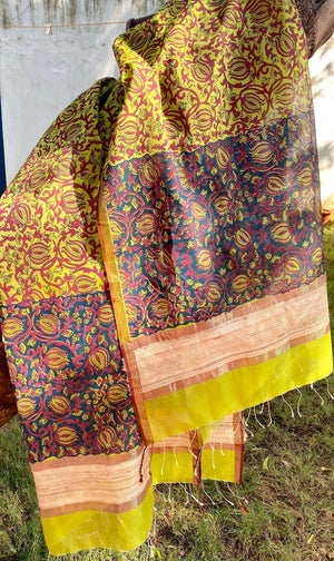 Leaf Green Block Printed Silk Cotton Dupatta Scarf - Incense Art Studio