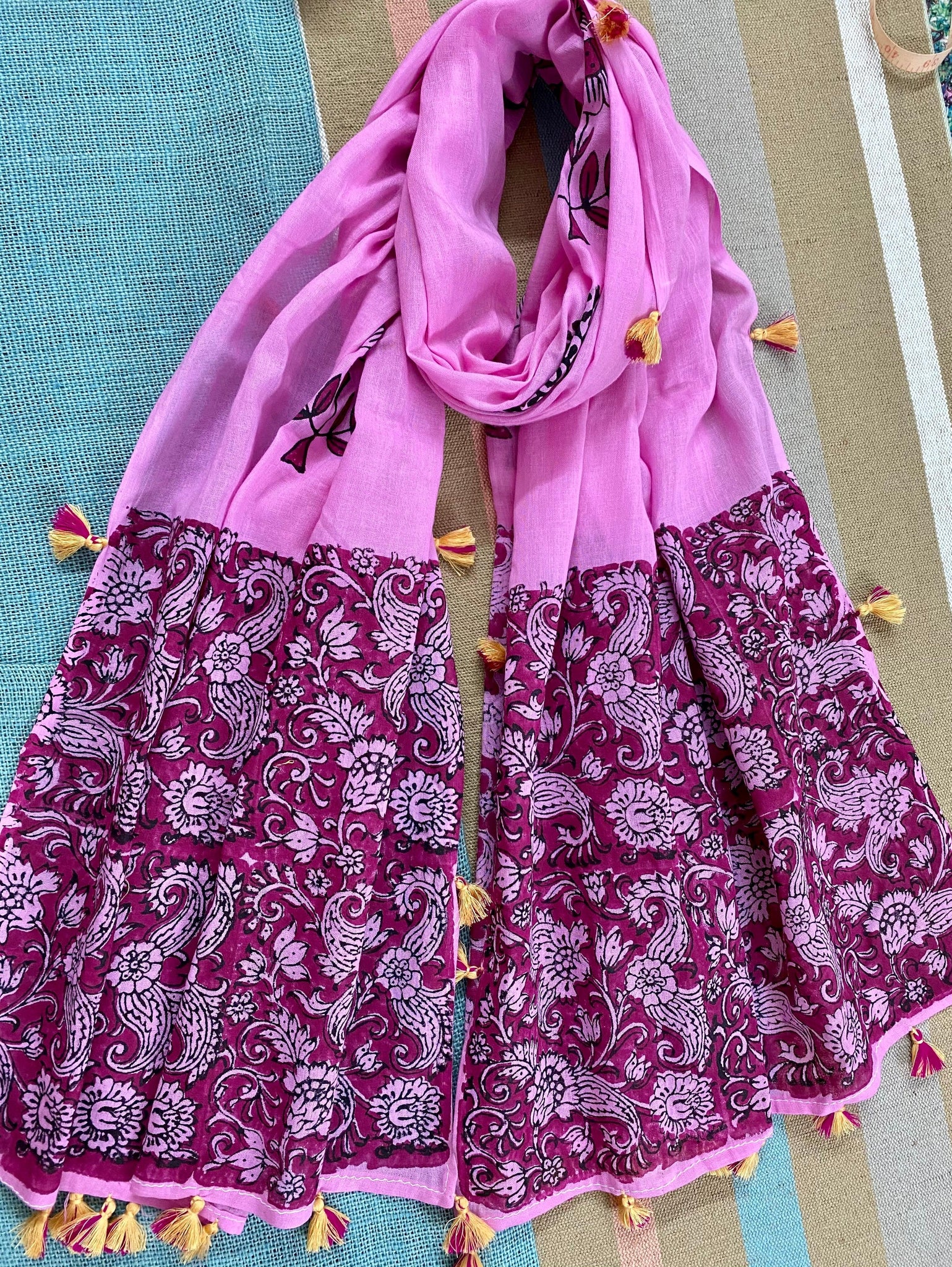 Magenta Magic Block Printed Muslin Scarf - Incense Art Studio