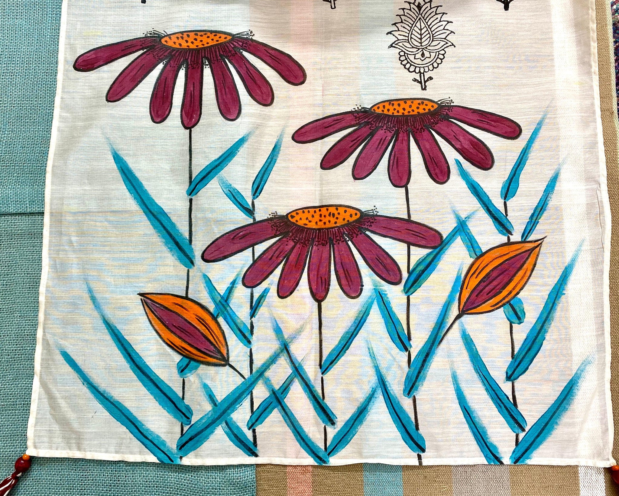 Maroon flowers hand- painted on Silk cotton Scarf/ stole - Incense Art Studio