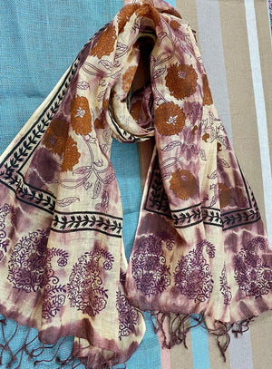 Mauve Magic Block Printed Pure Linen Scarf - Incense Art Studio