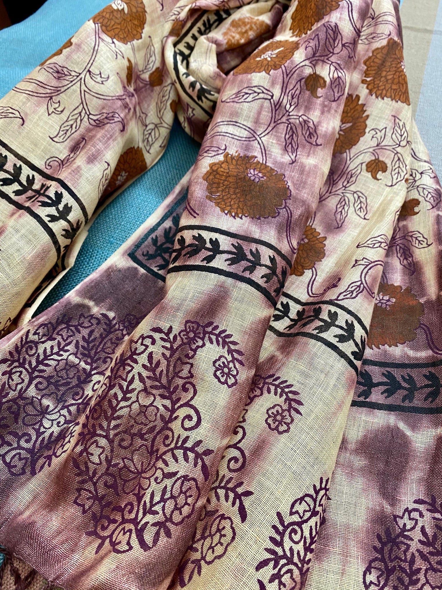 Mauve Magic Block Printed Pure Linen Scarf - Incense Art Studio