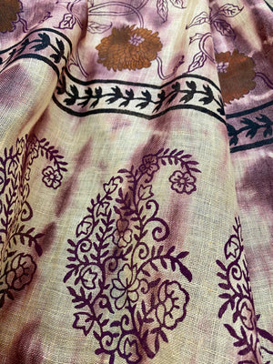 Mauve Magic Block Printed Pure Linen Scarf - Incense Art Studio