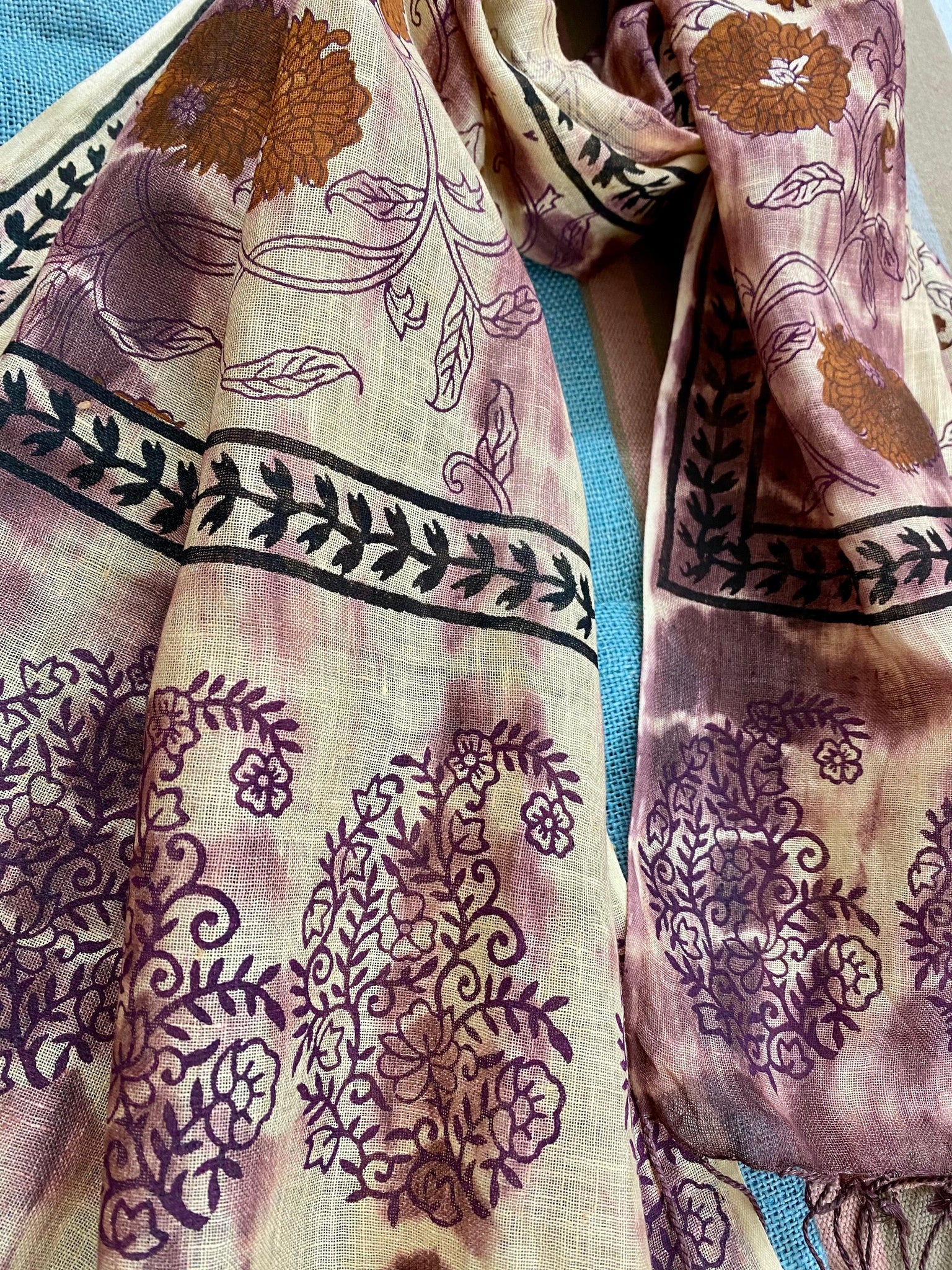 Mauve Magic Block Printed Pure Linen Scarf - Incense Art Studio