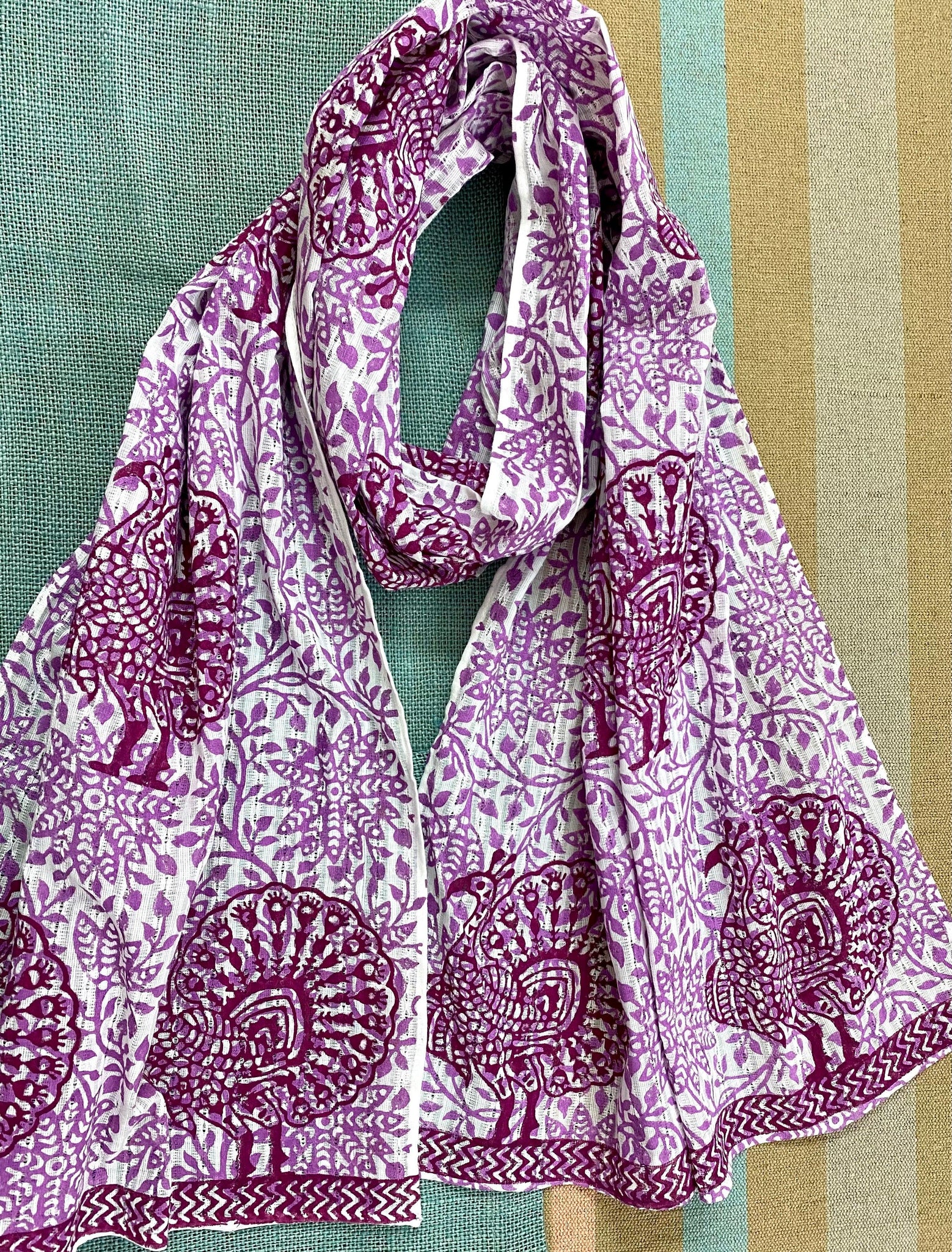 Mauve Peacock Dance Block Printed on Cotton Scarf - Incense Art Studio