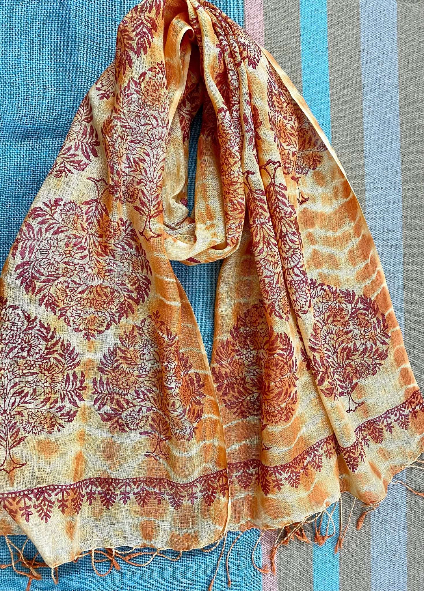 Orange Saga Block Printed Pure Linen Scarf - Incense Art Studio