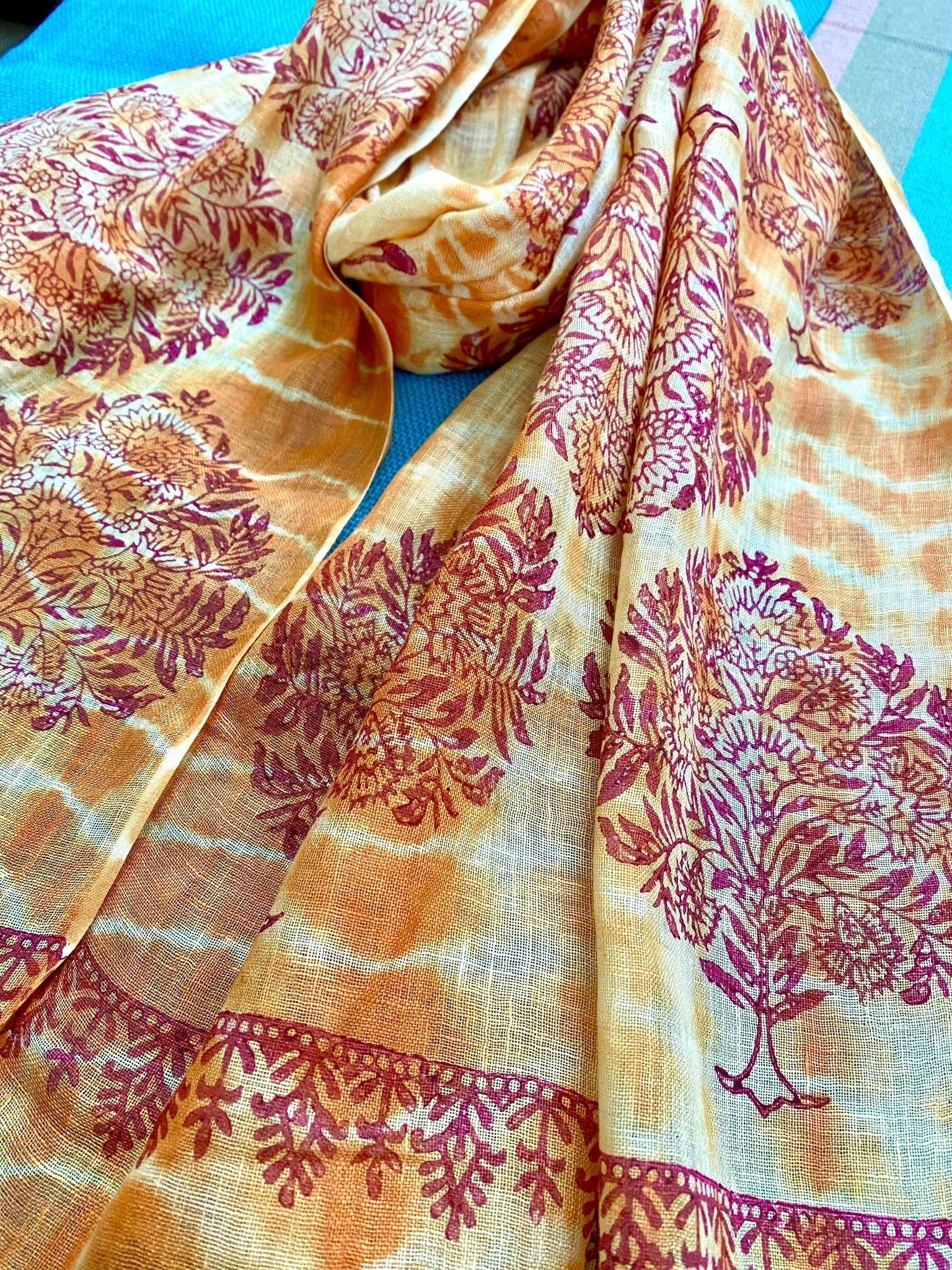 Orange Saga Block Printed Pure Linen Scarf - Incense Art Studio