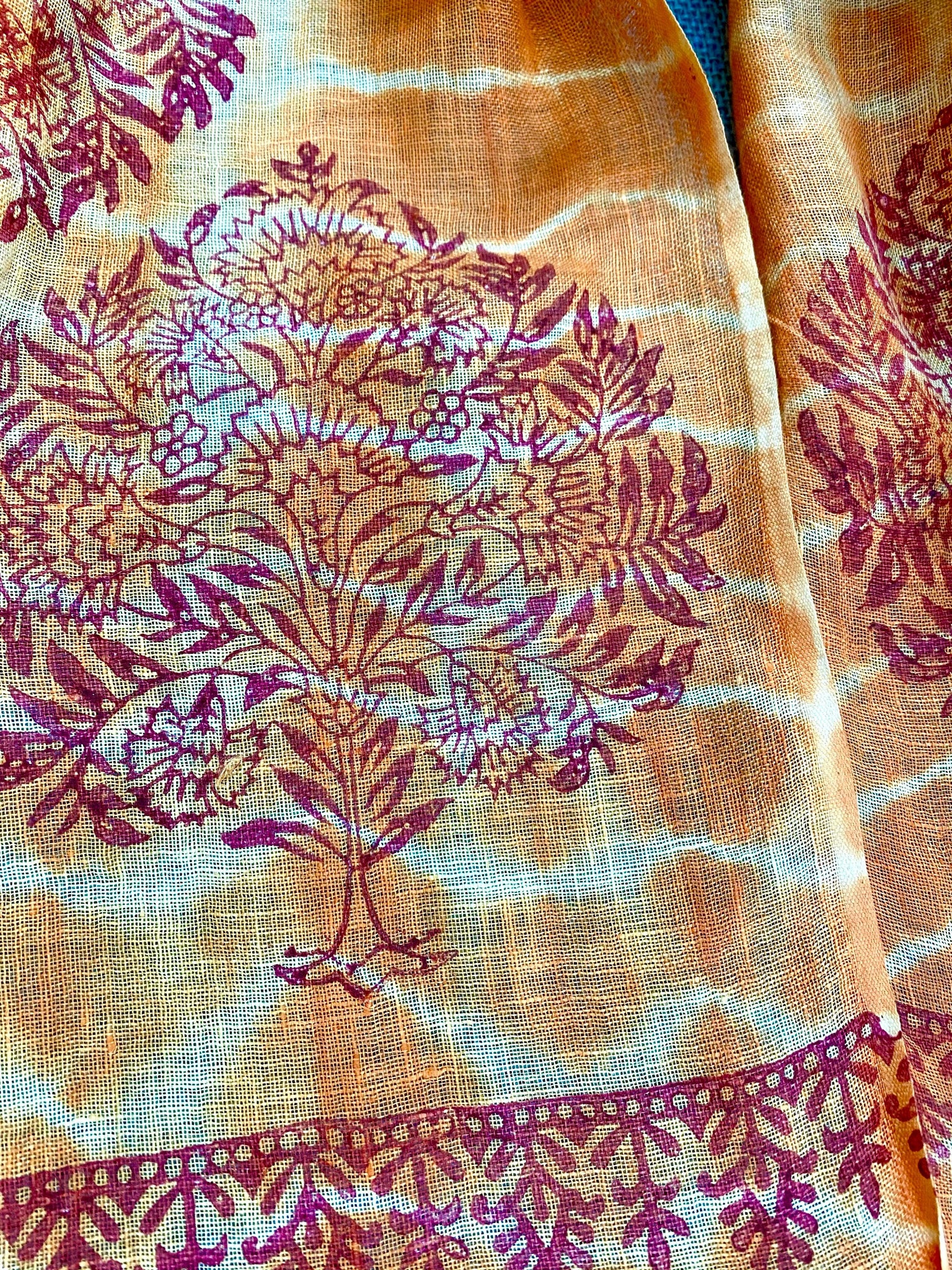 Orange Saga Block Printed Pure Linen Scarf - Incense Art Studio