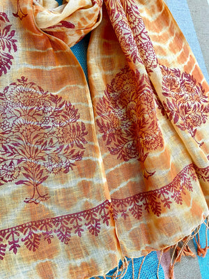 Orange Saga Block Printed Pure Linen Scarf - Incense Art Studio