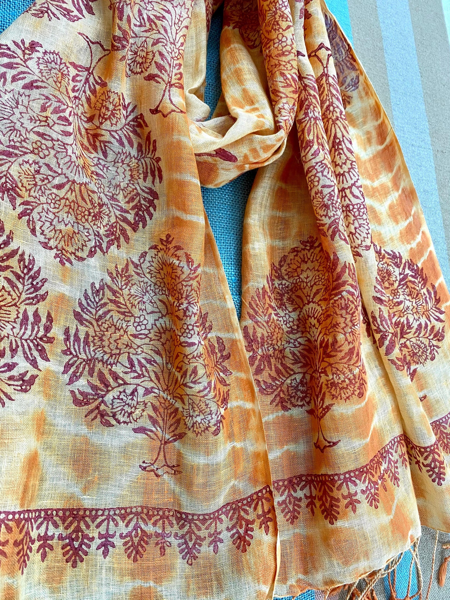 Orange Saga Block Printed Pure Linen Scarf - Incense Art Studio