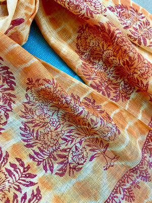 Orange Saga Block Printed Pure Linen Scarf - Incense Art Studio