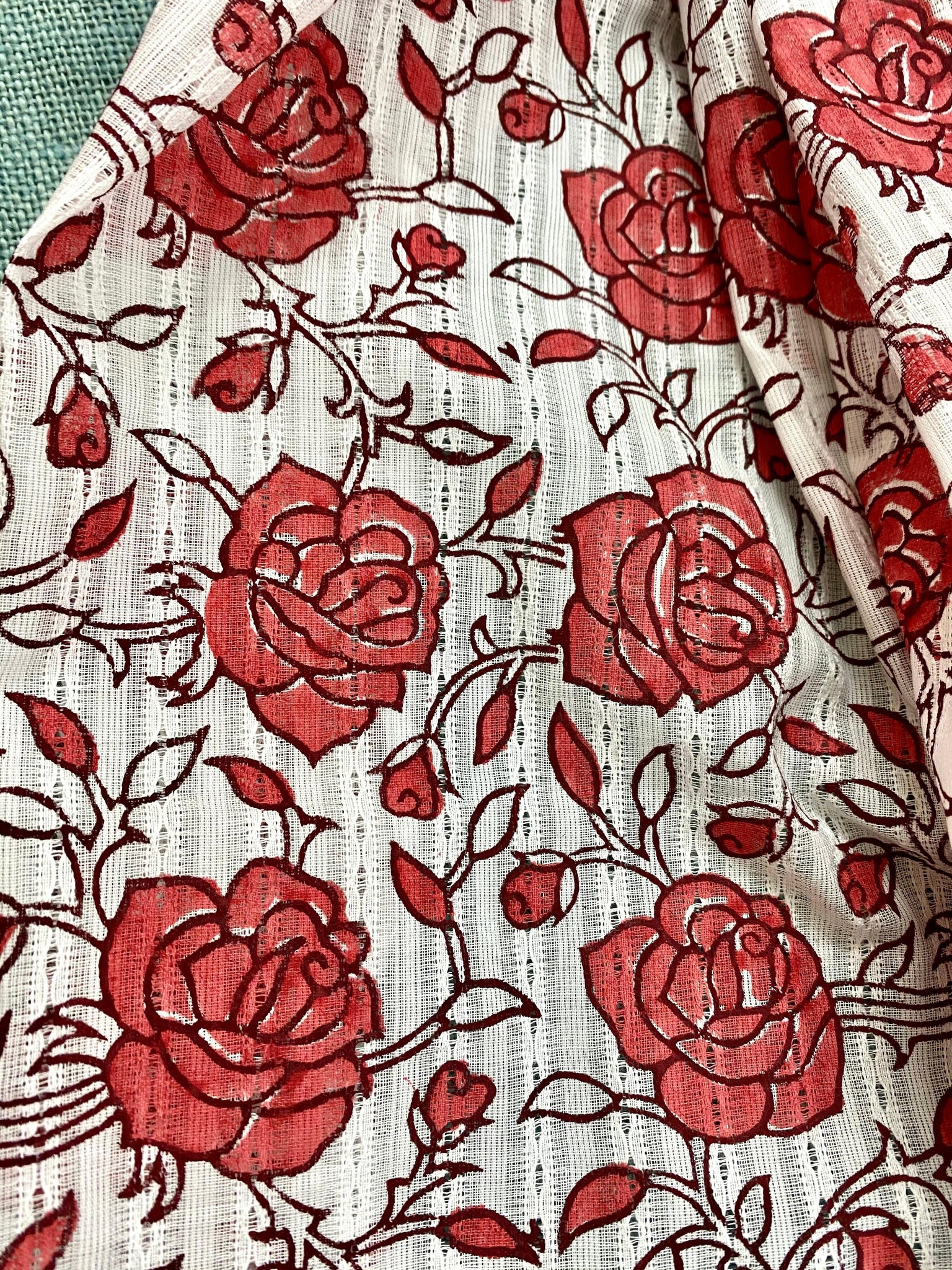 Peach Rose Bush Block Printed on Cotton Scarf - Incense Art Studio