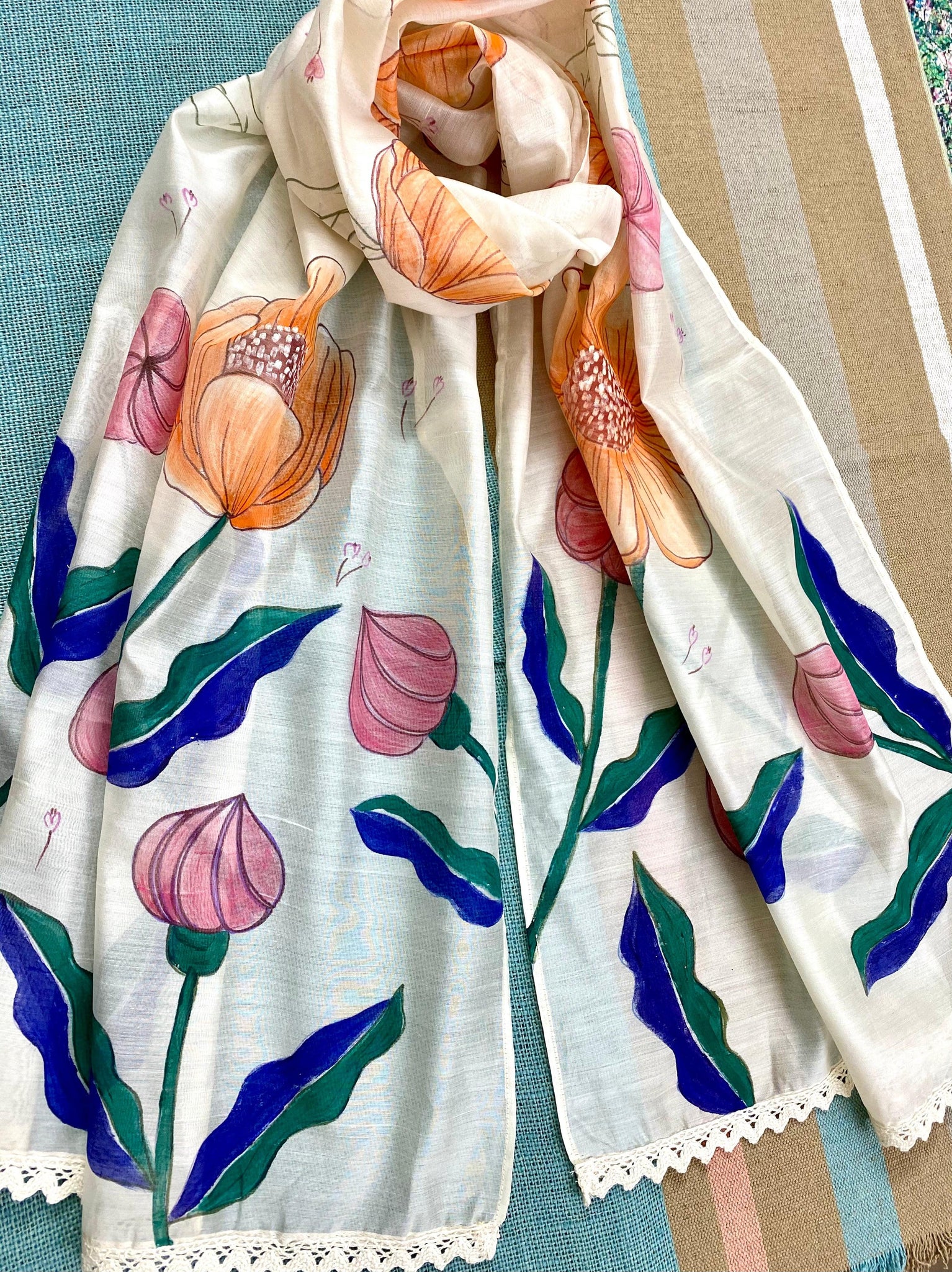 Peachy Pink hand- painted on silk cotton Stole / Scarf - Incense Art Studio