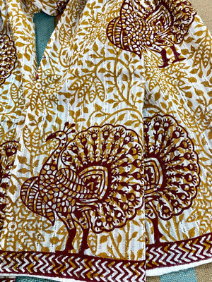 Peacock Dance Block Printed on Cotton Scarf - Incense Art Studio