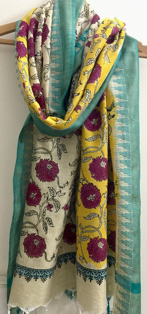 Pink floral hand block printed stole/ dupatta | Handmade | Unique