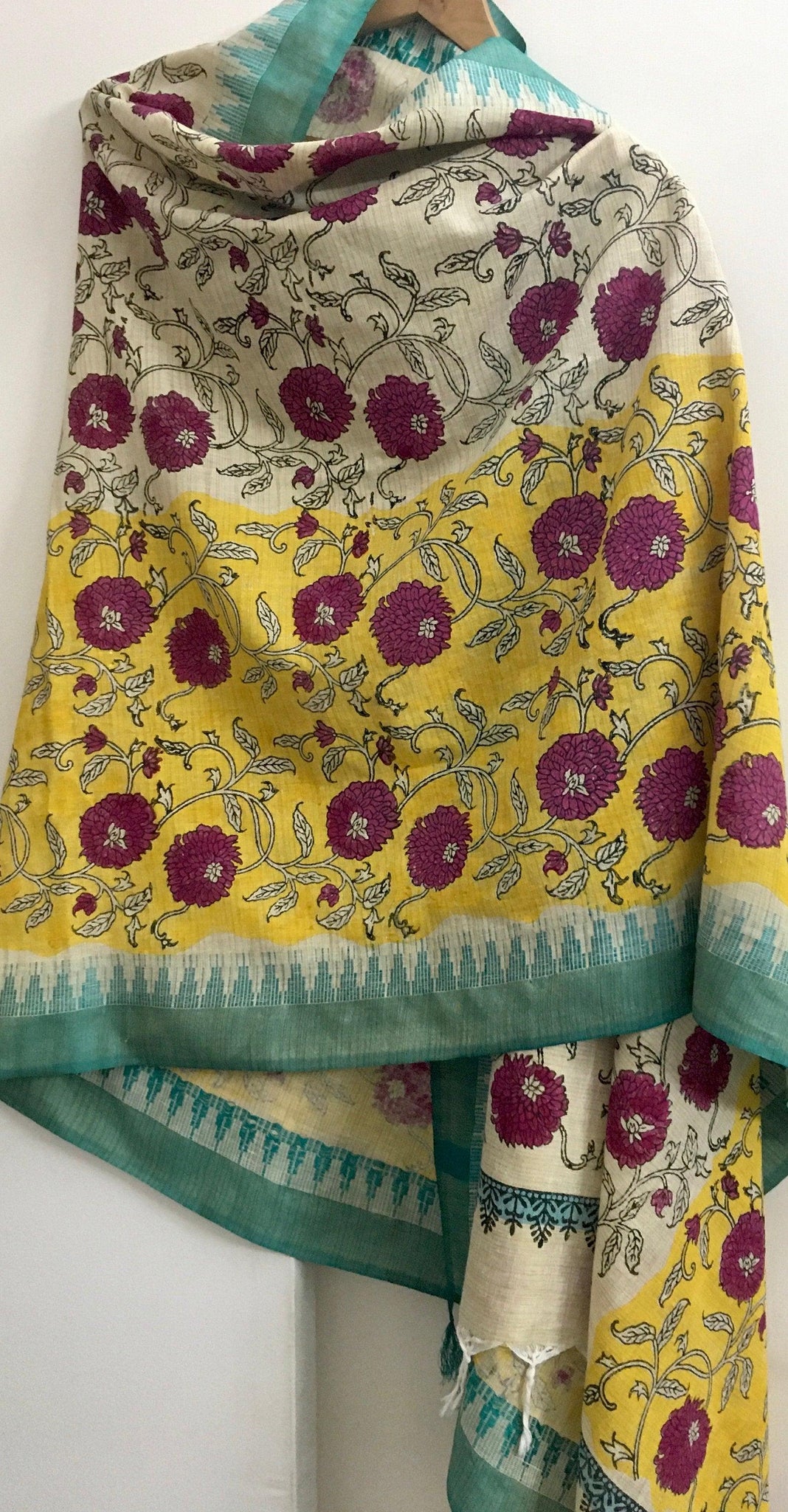 Pink floral hand block printed stole/ dupatta | Handmade | Unique