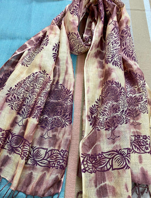 Purple Tale Block Printed on Pure Linen Scarf - Incense Art Studio