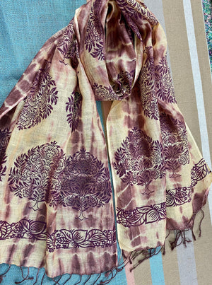 Purple Tale Block Printed on Pure Linen Scarf - Incense Art Studio