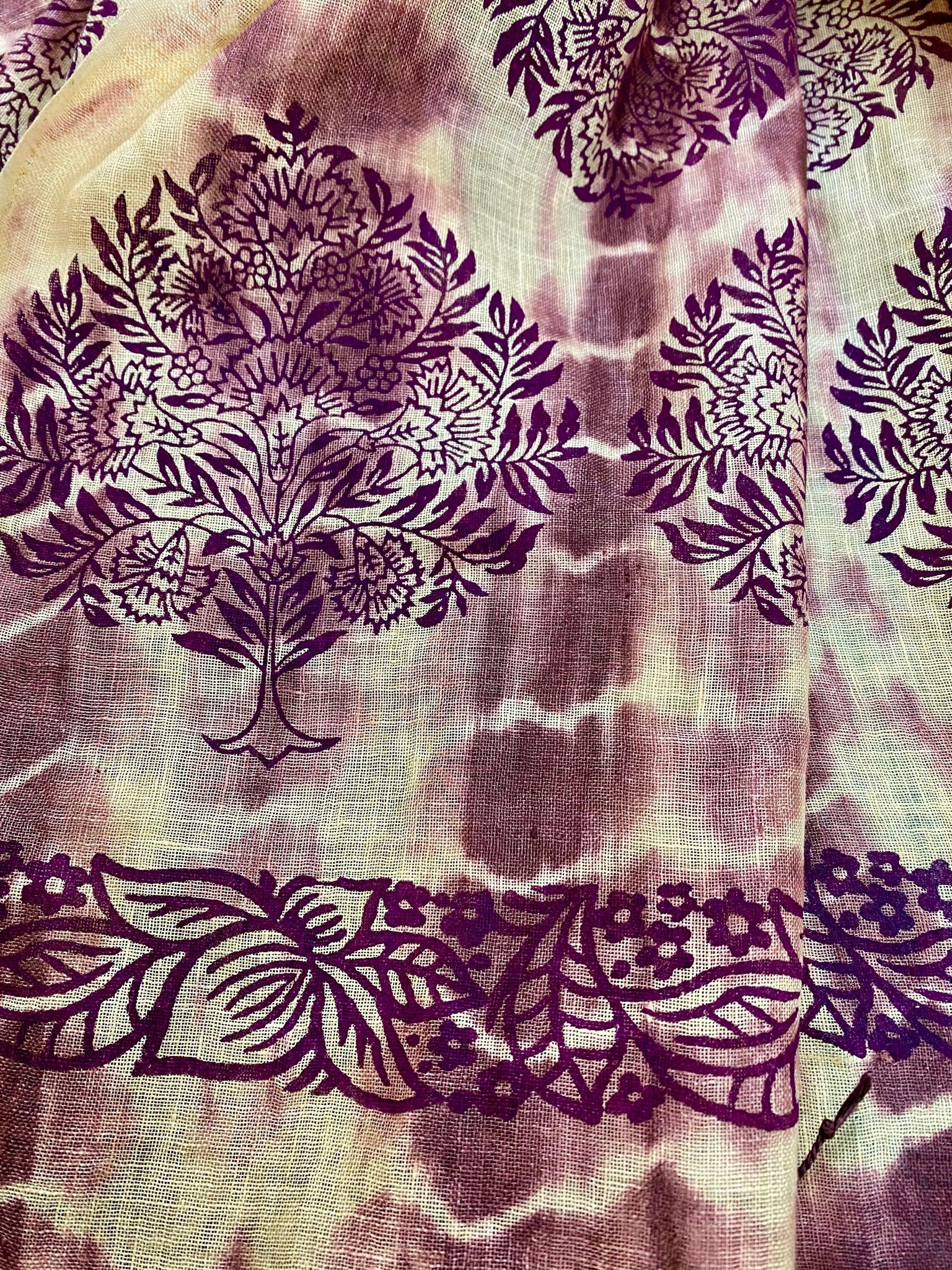 Purple Tale Block Printed on Pure Linen Scarf - Incense Art Studio